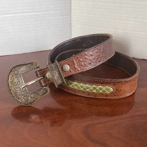 Wage Sterling Silver Overlay Buckle & Ostrich Snakeskin Belt Adult Made in USA Wage Sterling Silver Overlay Buckle & Ostrich Snakeskin Belt  main image 2